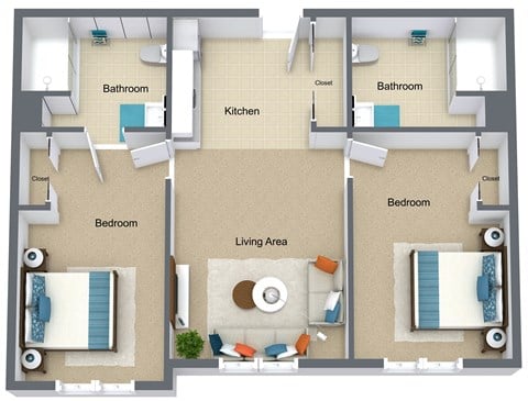 Floor plan for 2 beds, 2 baths, 870 sqft